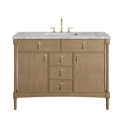 Kinnsden 48" Single Vanity, Weathered Oak w/ 3 CM Carrara Marble Top