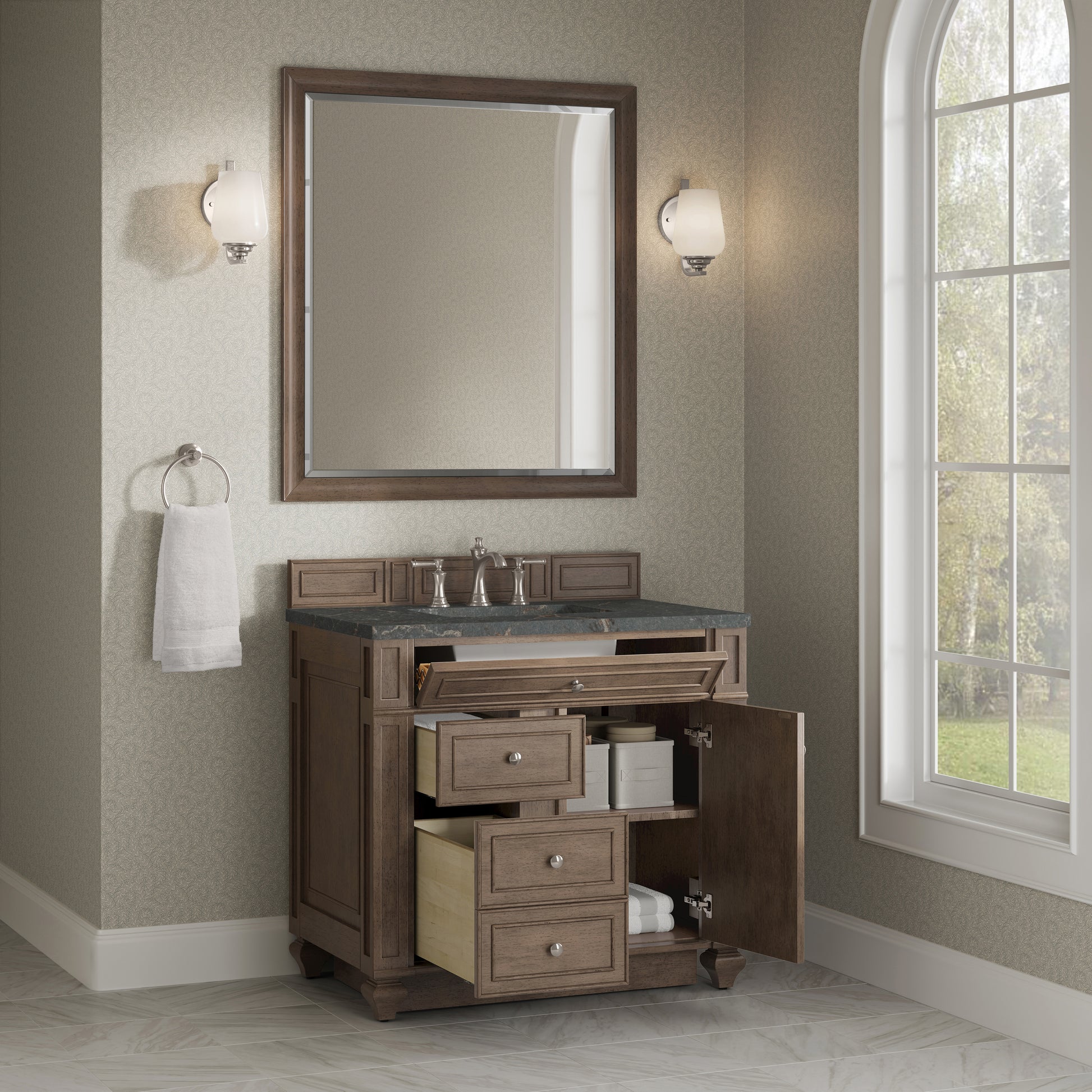 Renovate for Less Atlanta Bristol 36" Single Vanity, Whitewashed Walnut w/ 3 CM Parisien Bleu Silestone Top