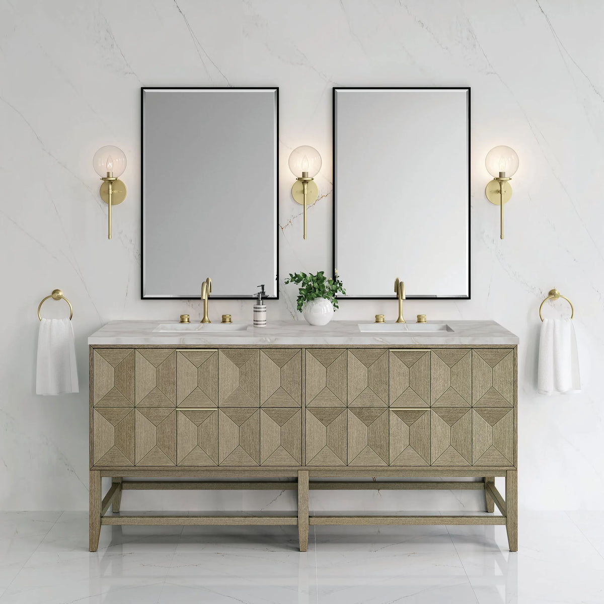 Emmeline 72" Double Vanity, Pebble Oak w/ 3 CM Victorian Silver Top w/FreePower Wireless Charger