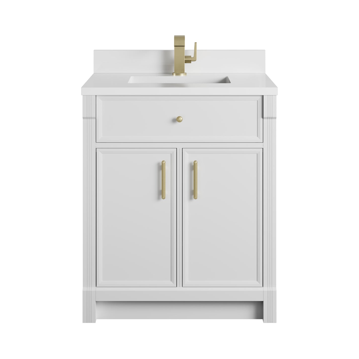 Renovate for Less Atlanta Bellshire 30" Single Vanity, Bright White w/ Single Hole 3 CM White Zeus Silestone Top and Matching Backsplash
