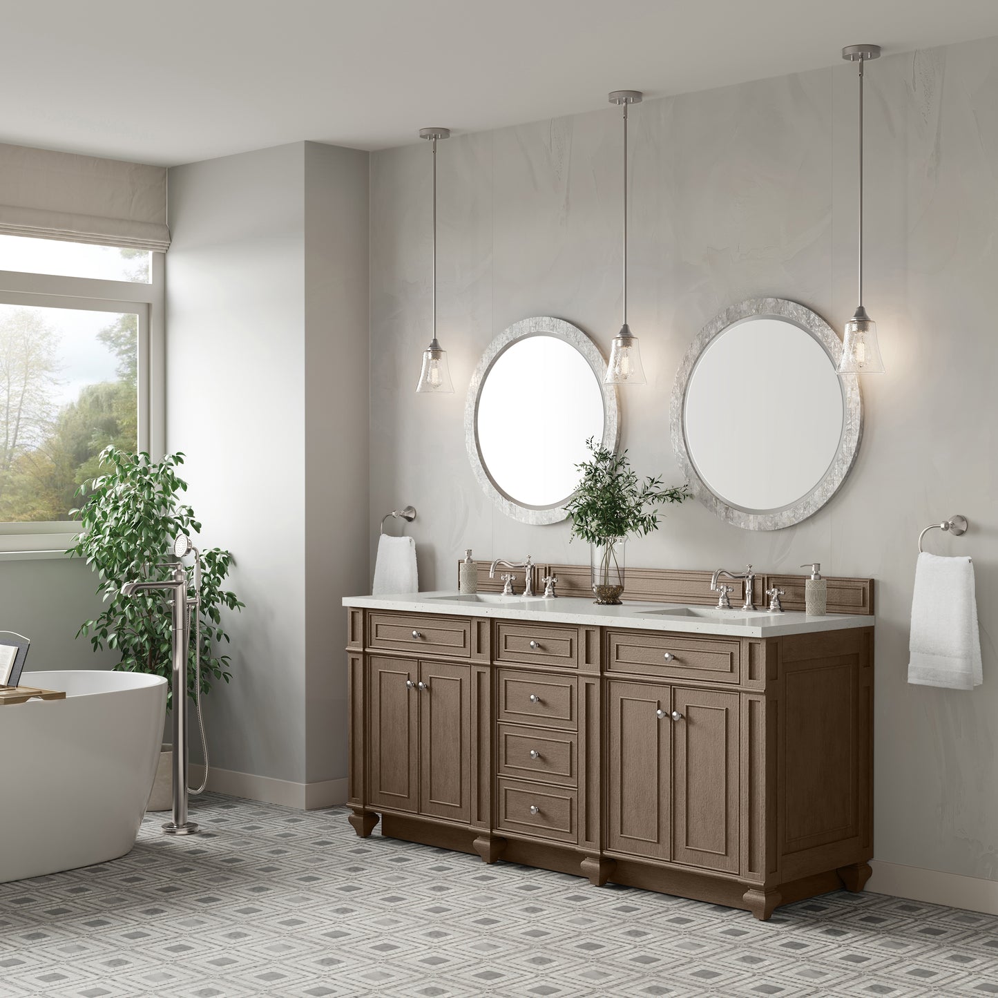 Renovate for Less Atlanta Bristol 72" Double Vanity, Whitewashed Walnut w/ 3 CM Lime Delight Silestone Top