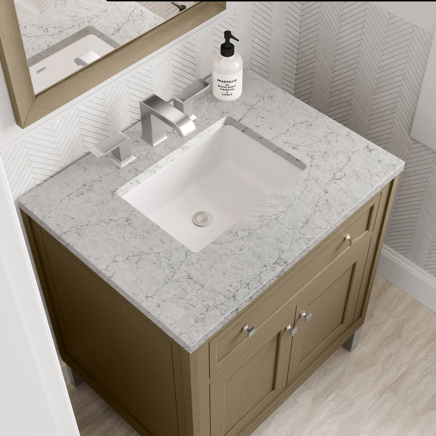 Renovate for Less Atlanta Chicago 30" Single Vanity, Walnut Whisper, w/ 3 CM Eternal Jasmine Pearl Silestone® Top