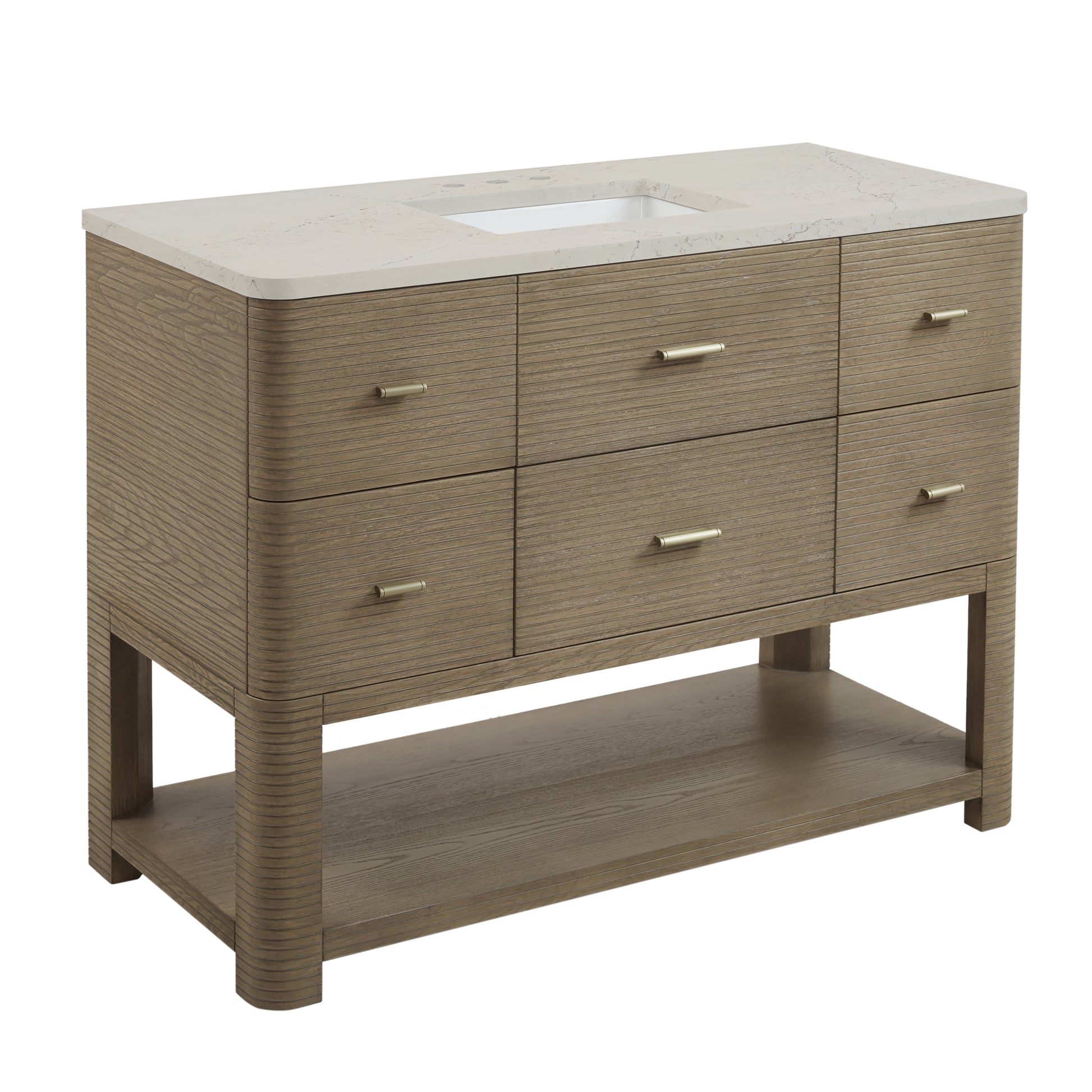Renovate for Less Atlanta Lucian 48" Single Vanity, Pebble Oak, w/ 3 CM Siberian Silestone Top w/FreePower Wireless Charger