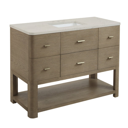 Renovate for Less Atlanta Lucian 48" Single Vanity, Pebble Oak, w/ 3 CM Siberian Silestone Top w/FreePower Wireless Charger