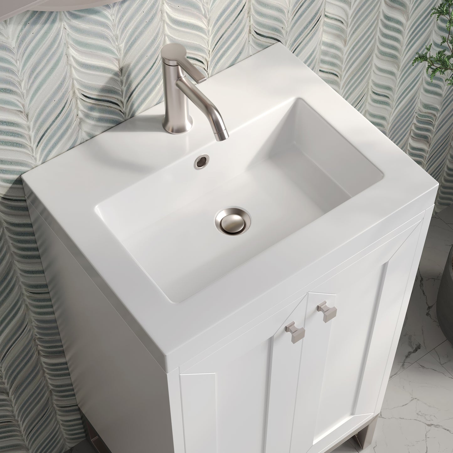 Renovate for Less Atlanta Chianti 20" Single Vanity, Glossy White, Brushed Nickel, w/ White Glossy Composite Stone Top