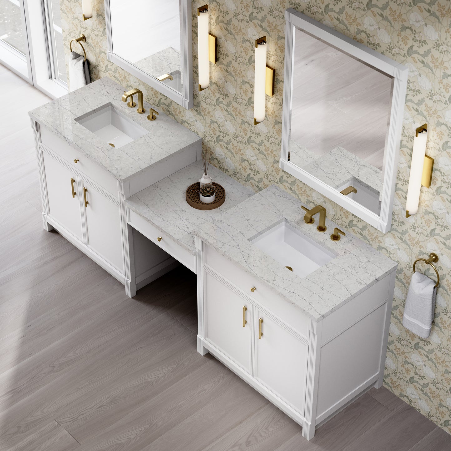 Renovate for Less Atlanta Bellshire 96" Dual Vanity Set with 24" Make-Up Counter, Bright White w/3 cm Eternal Jasmine Pearl Silestone Top