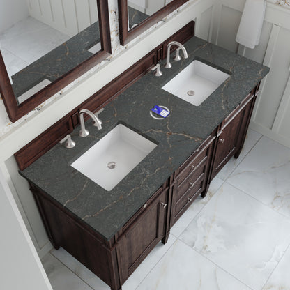 Renovate for Less Atlanta Brittany 60" Double Vanity, Burnished Mahogany w/ 3 CM Parisien Bleu Silestone Top w/FreePower Wireless Charger