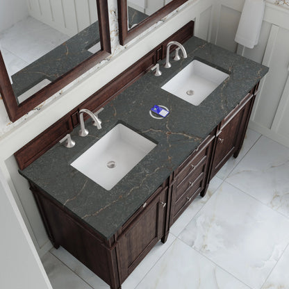 Brittany 60" Double Vanity, Burnished Mahogany w/ 3 CM Parisien Bleu Silestone Top w/FreePower Wireless Charger