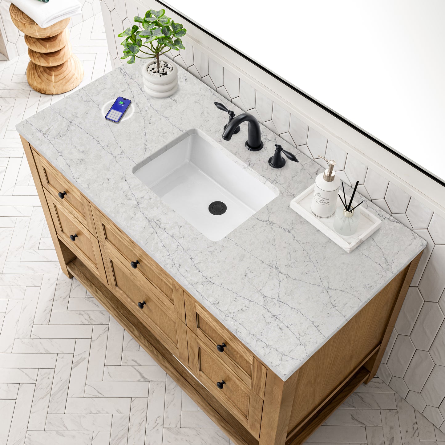 Renovate for Less Atlanta Breckenridge 48" Single Vanity, Light Natural Oak w/ 3 CM Eternal Jasmine Pearl Top w/FreePower Wireless Charger