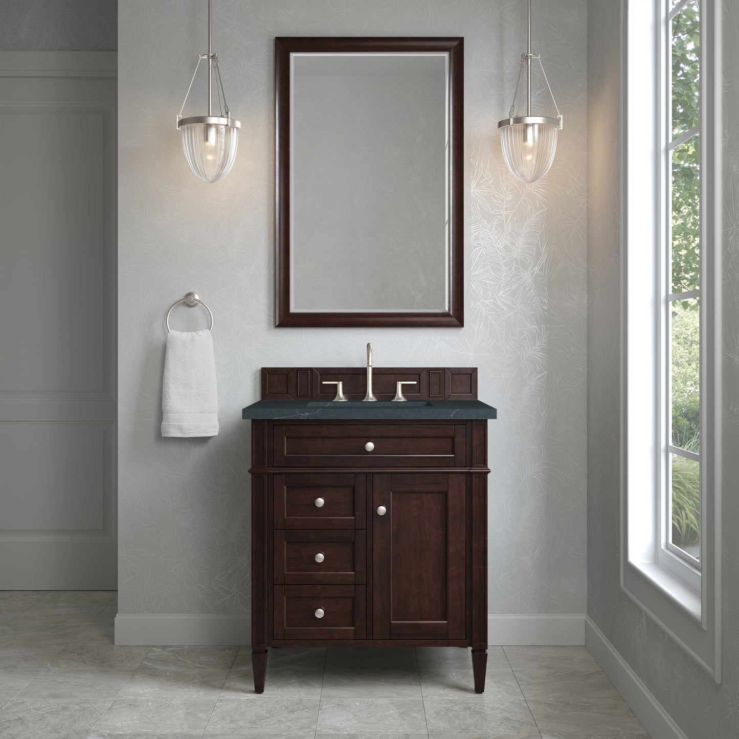 Renovate for Less Atlanta Brittany 30" Single Vanity, Burnished Mahogany, w/ 3 CM Charcoal Soapstone Silestone Top