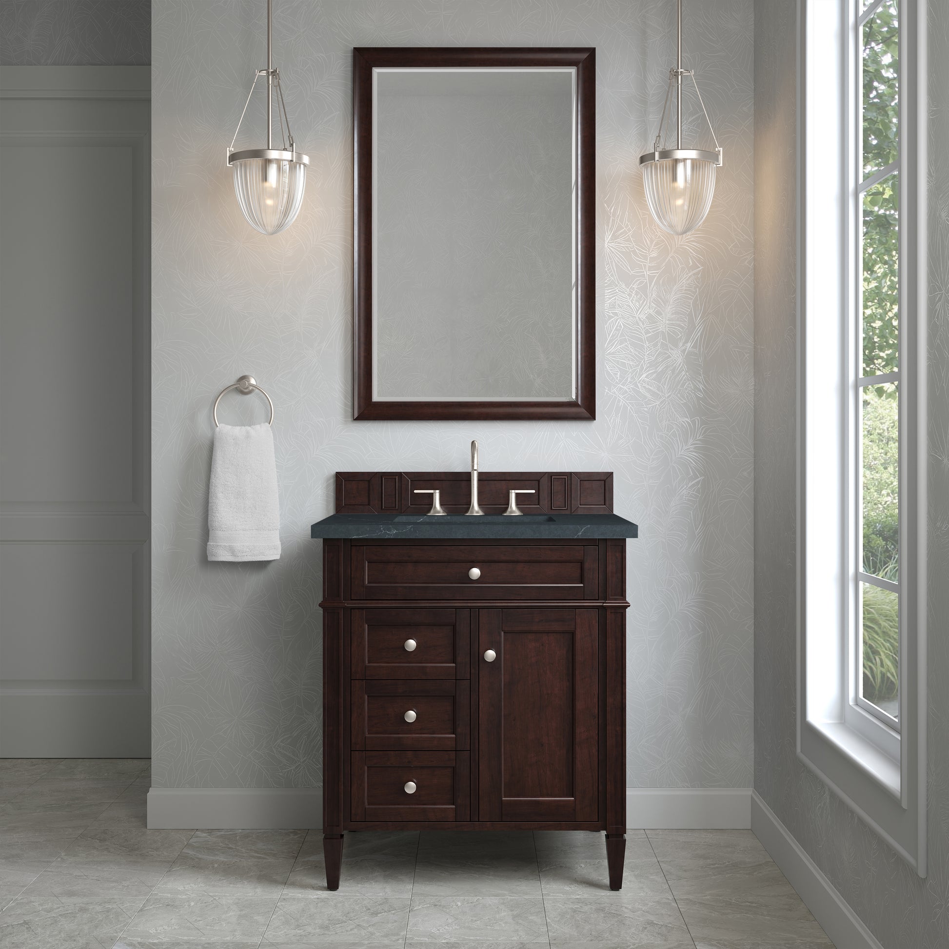 Renovate for Less Atlanta Brittany 30" Single Vanity, Burnished Mahogany, w/ 3 CM Charcoal Soapstone Silestone Top