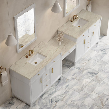 Bellshire 120" Dual Vanity Set with 24" Make-Up Counter, Bright White w/3 cm Tajnar Eclos Top
