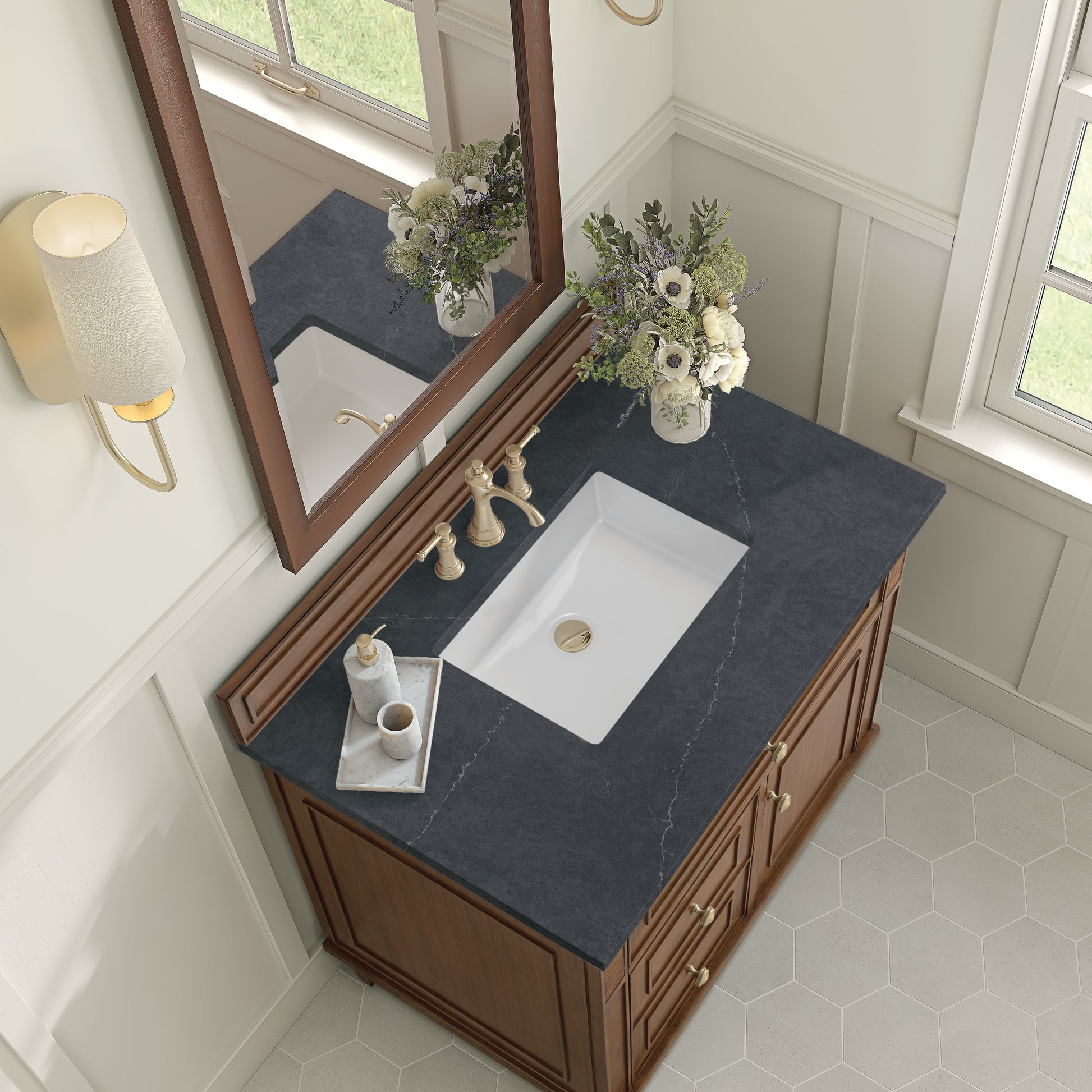 Renovate for Less Atlanta Lorelai 36" Single Vanity, Mid-Century Walnut w/ 3 CM Charcoal Soapstone Silestone Top