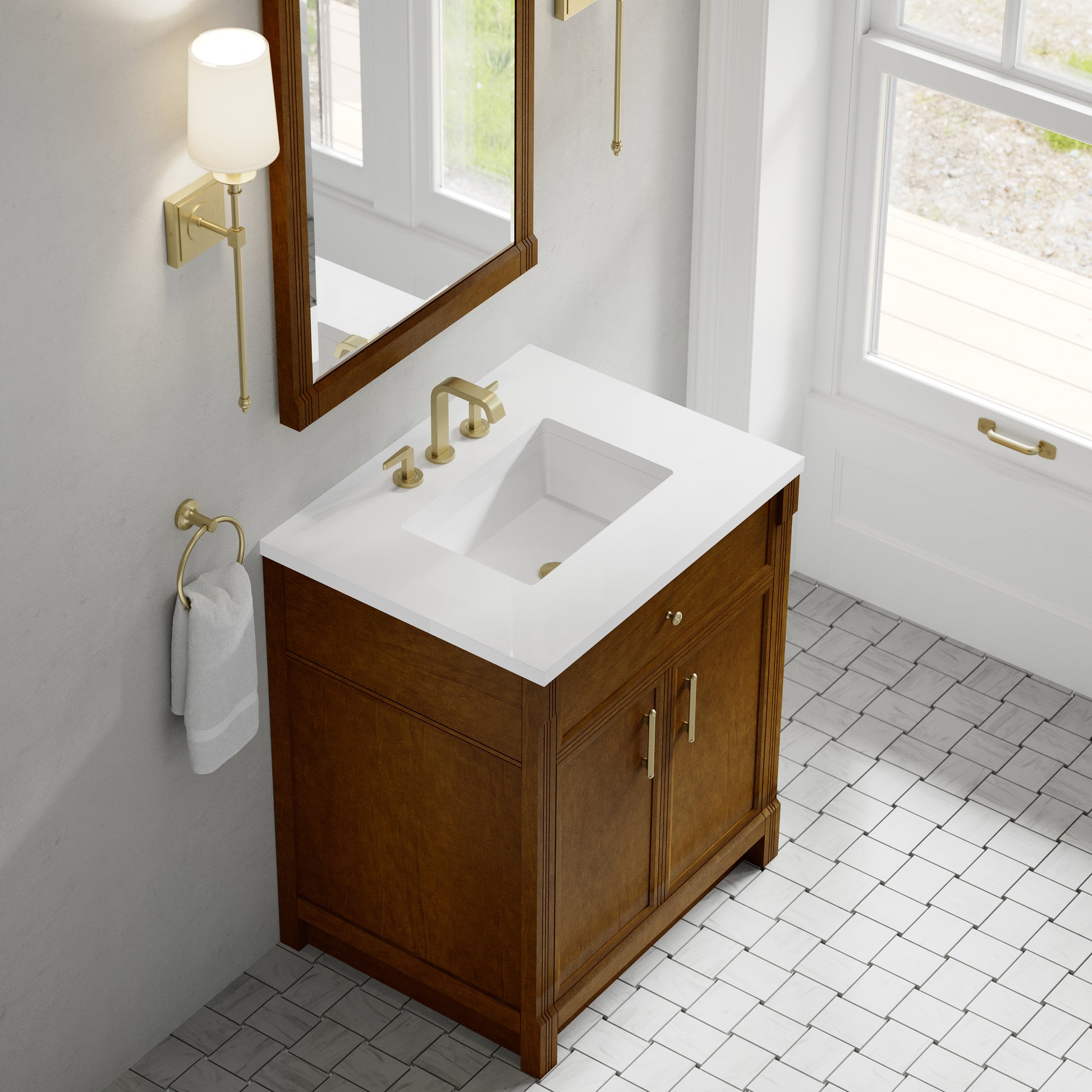 Renovate for Less Atlanta Bellshire 30" Single Vanity, Honey Oak w/ 3 CM White Zeus Silestone Top