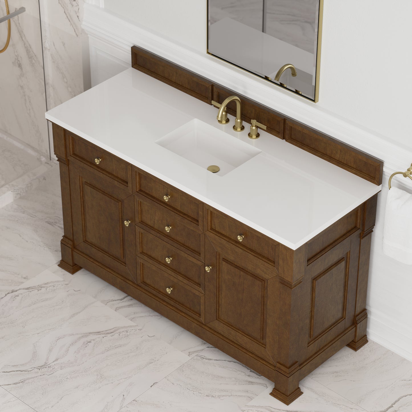 Renovate for Less Atlanta Brookfield 60" Single Vanity, Honey Oak,  w/ 3 CM White Zeus Silestone Top
