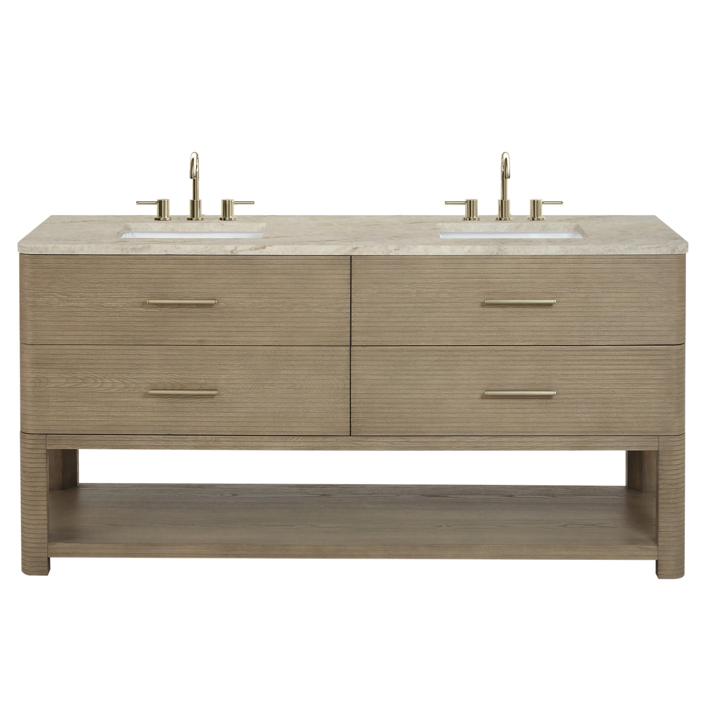 Renovate for Less Atlanta Lucian 72" Double Vanity, Pebble Oak, w/ 3 CM Tajnar Eclos Top w/FreePower Wireless Charger