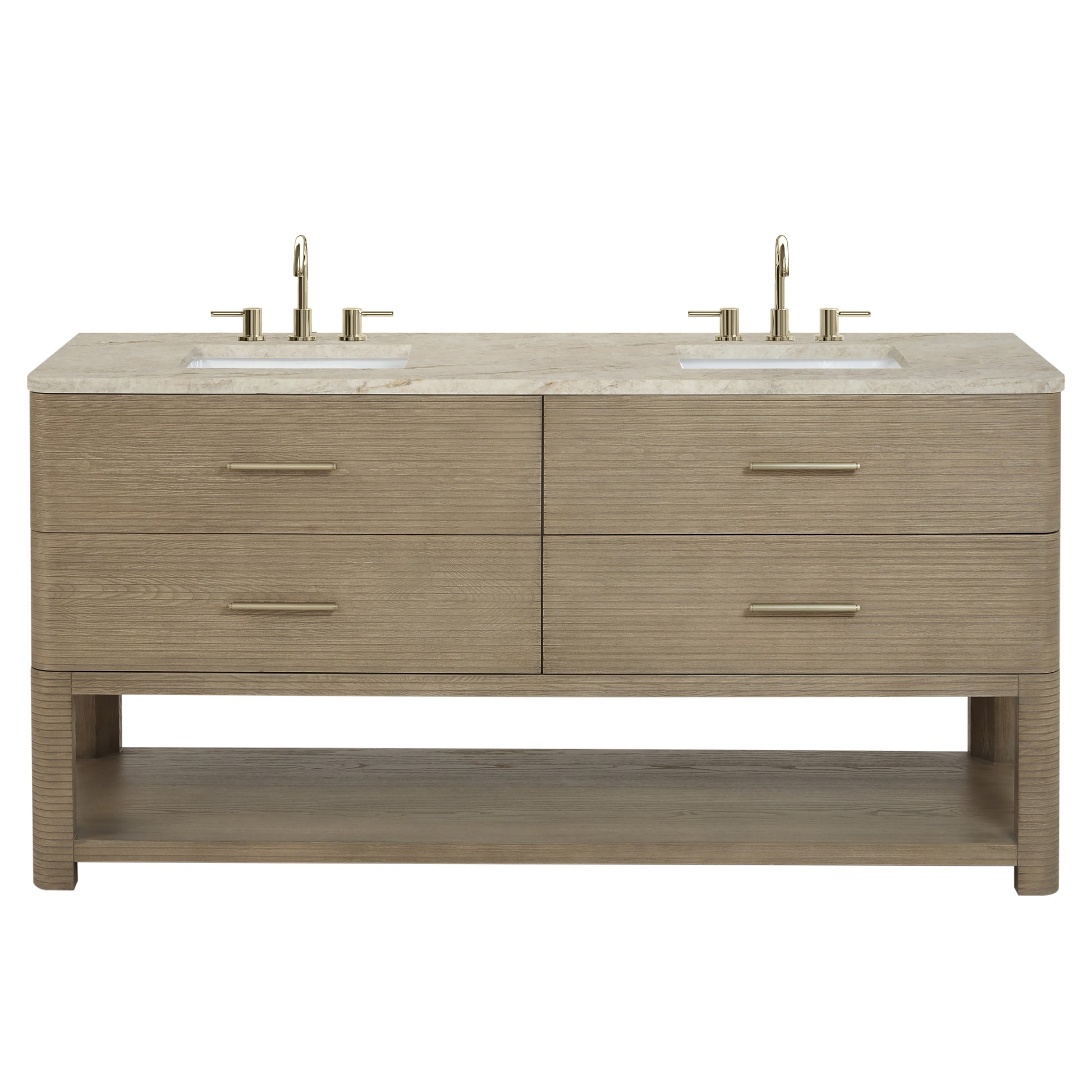 Renovate for Less Atlanta Lucian 72" Double Vanity, Pebble Oak, w/ 3 CM Tajnar Eclos Top w/FreePower Wireless Charger