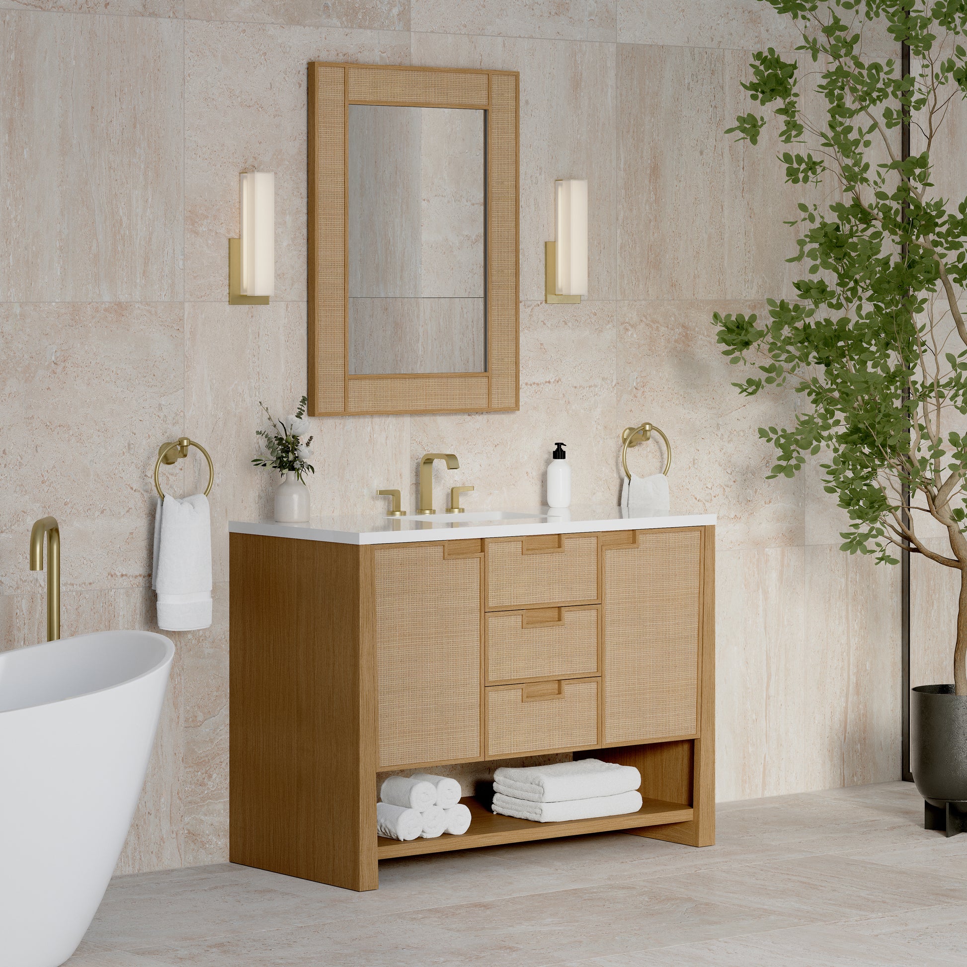 Renovate for Less Atlanta Solene 48" Single Vanity, Seaside Oak, w/ 3 CM White Zeus Quartz Top