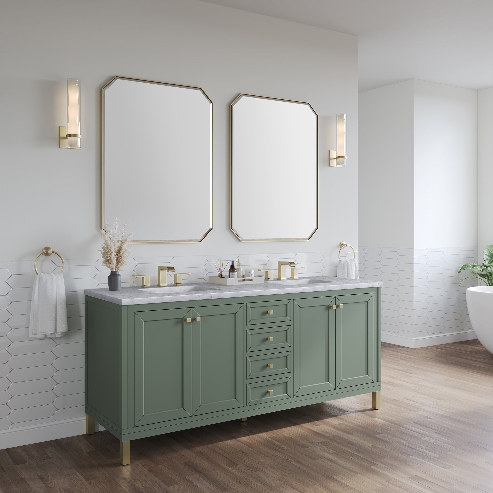 Renovate for Less Atlanta Chicago 72" Double Vanity, Smokey Celadon, w/ 3 CM Carrara Marble Top