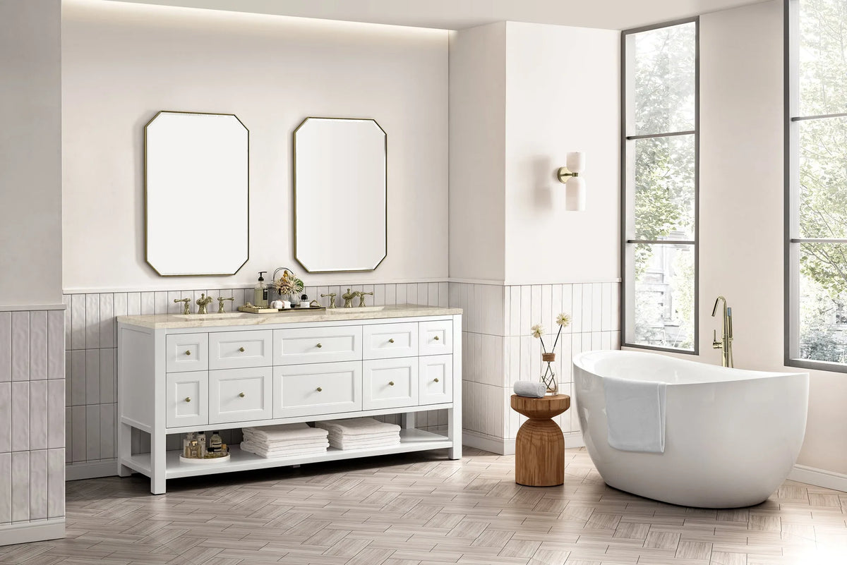 Breckenridge 72" Double Vanity, Bright White, w/ 3 CM Tajnar Eclos Top w/FreePower Wireless Charger