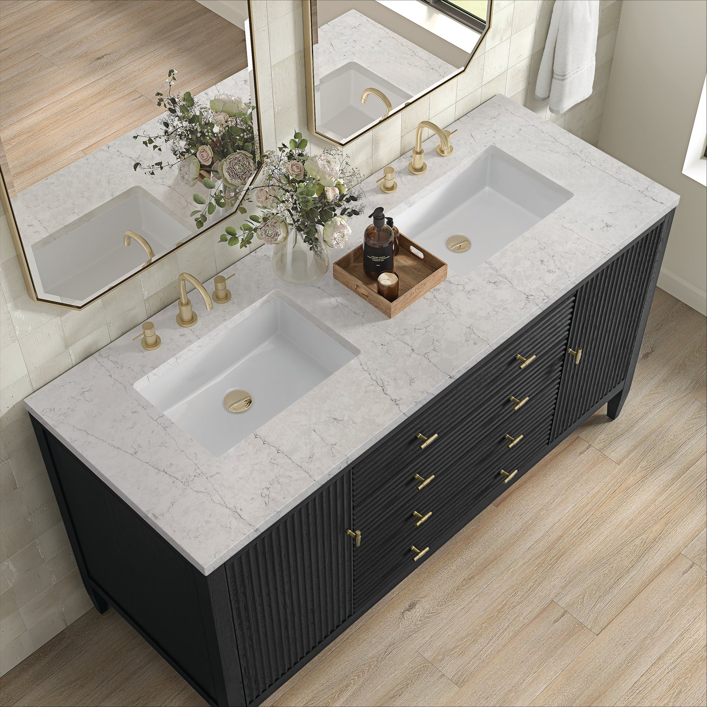 Renovate for Less Atlanta Myrrin 60" Double Vanity, Carbon Oak w/ 3 CM Eternal Jasmine Pearl Silestone Top