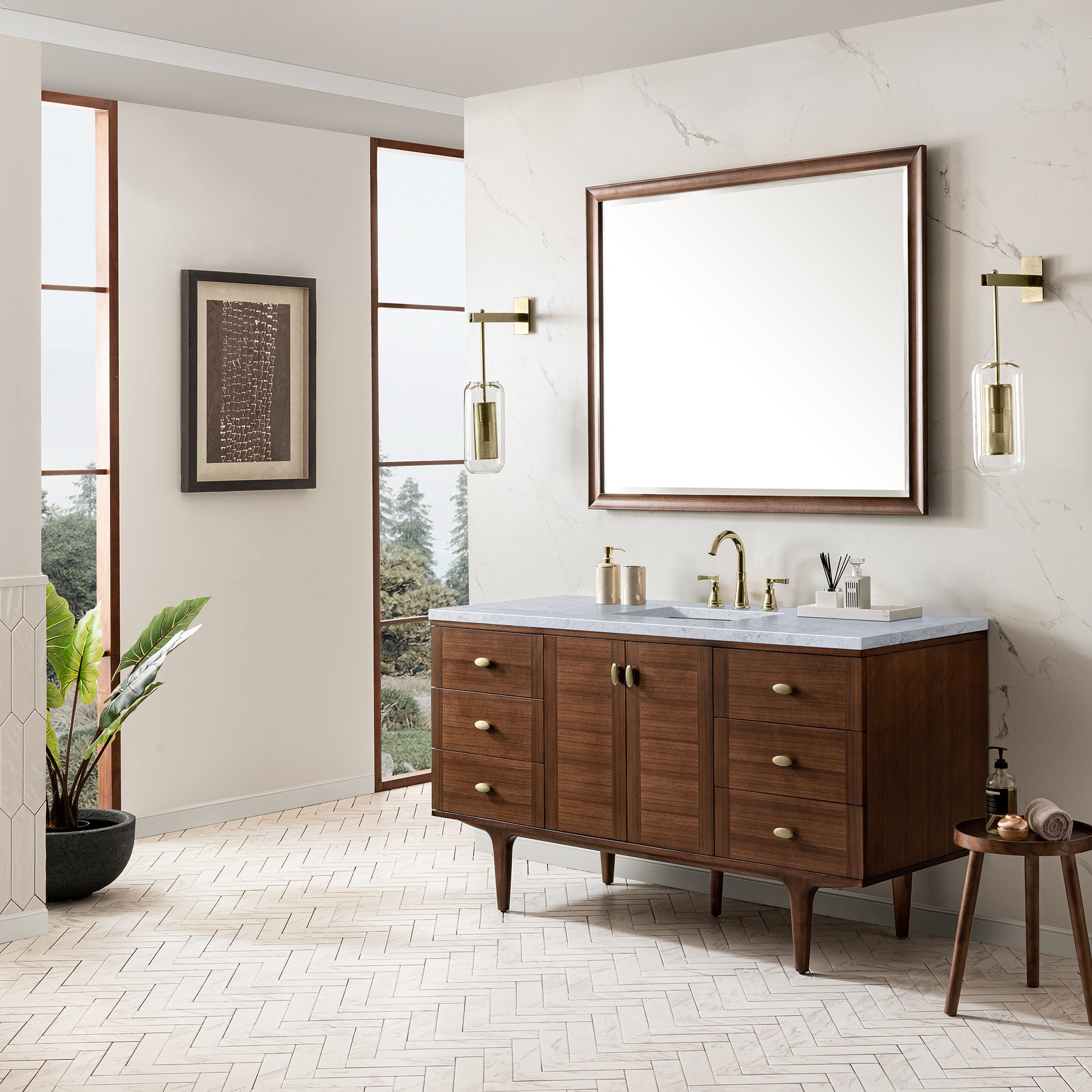 Renovate for Less Atlanta Amberly 60" Single Vanity, Mid-Century Walnut w/ 3 CM Carrara Marble Top
