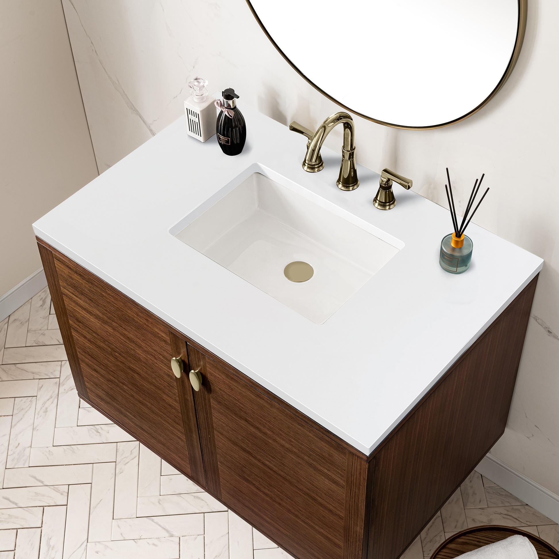 Renovate for Less Atlanta Amberly 36" Single Vanity, Mid-Century Walnut w/ 3 CM White Zeus Top