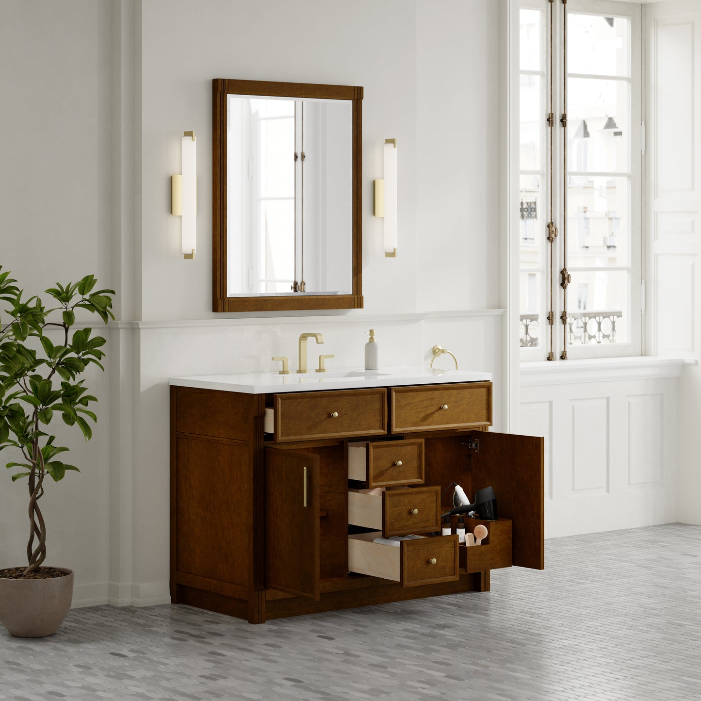 Renovate for Less Atlanta Bellshire 48" Single Vanity, Honey Oak w/ 3 CM White Zeus Silestone Top