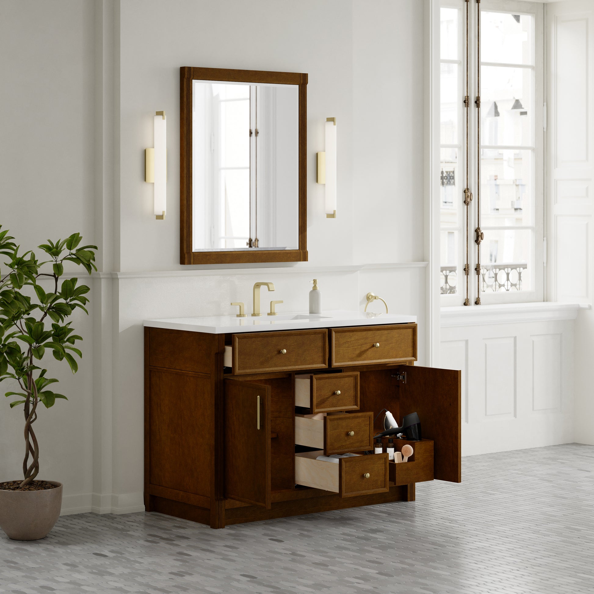 Renovate for Less Atlanta Bellshire 48" Single Vanity, Honey Oak w/ 3 CM White Zeus Silestone Top