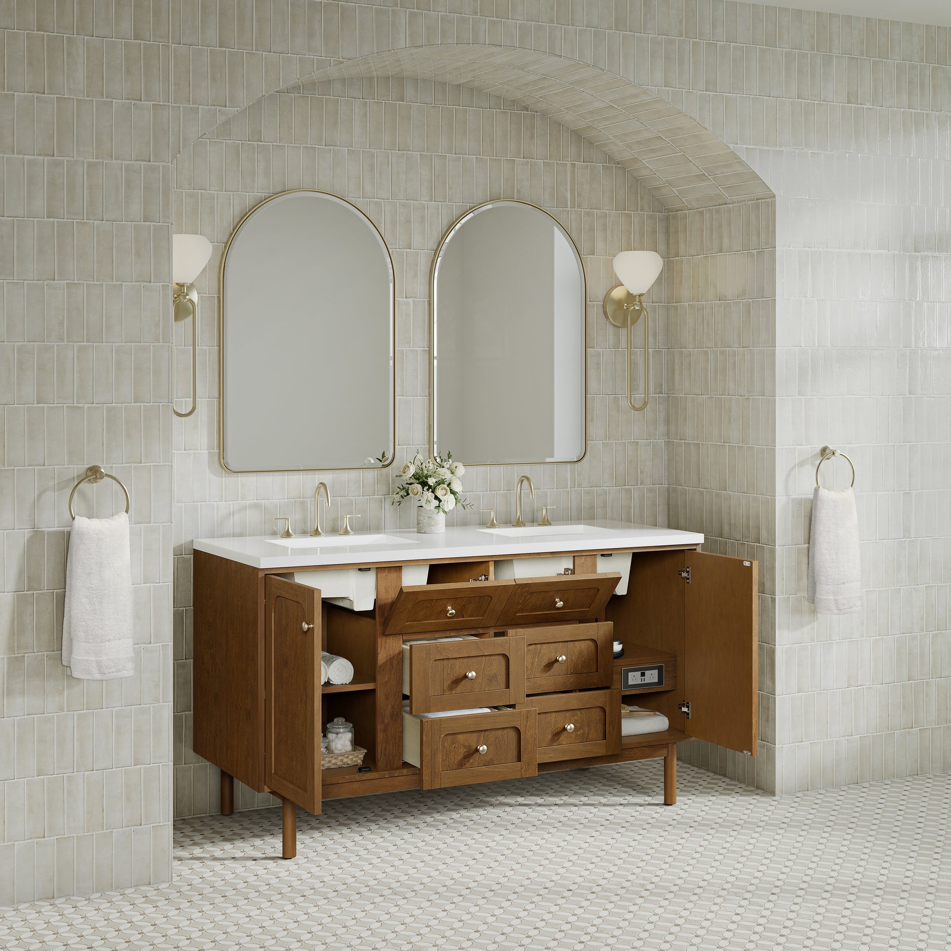 Renovate for Less Atlanta Laurent 60" Double Vanity, Honey Oak w/ 3 CM White Zeus Silestone Top