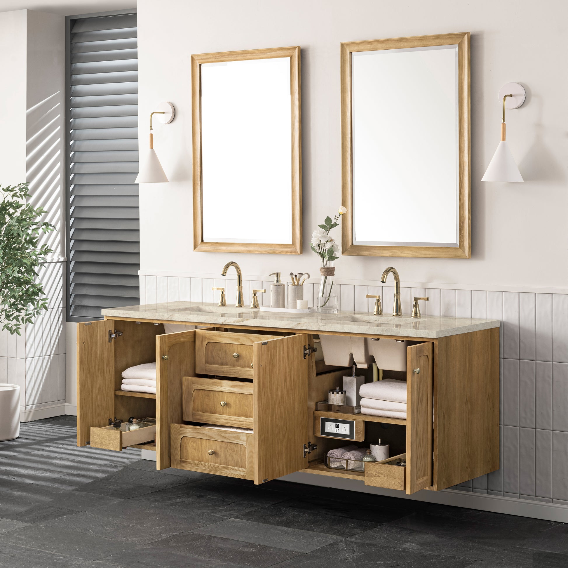 Renovate for Less Atlanta Laurent 72" Double Vanity, Light Natural Oak, w/ 3 CM Tajnar Eclos Top w/FreePower Wireless Charger