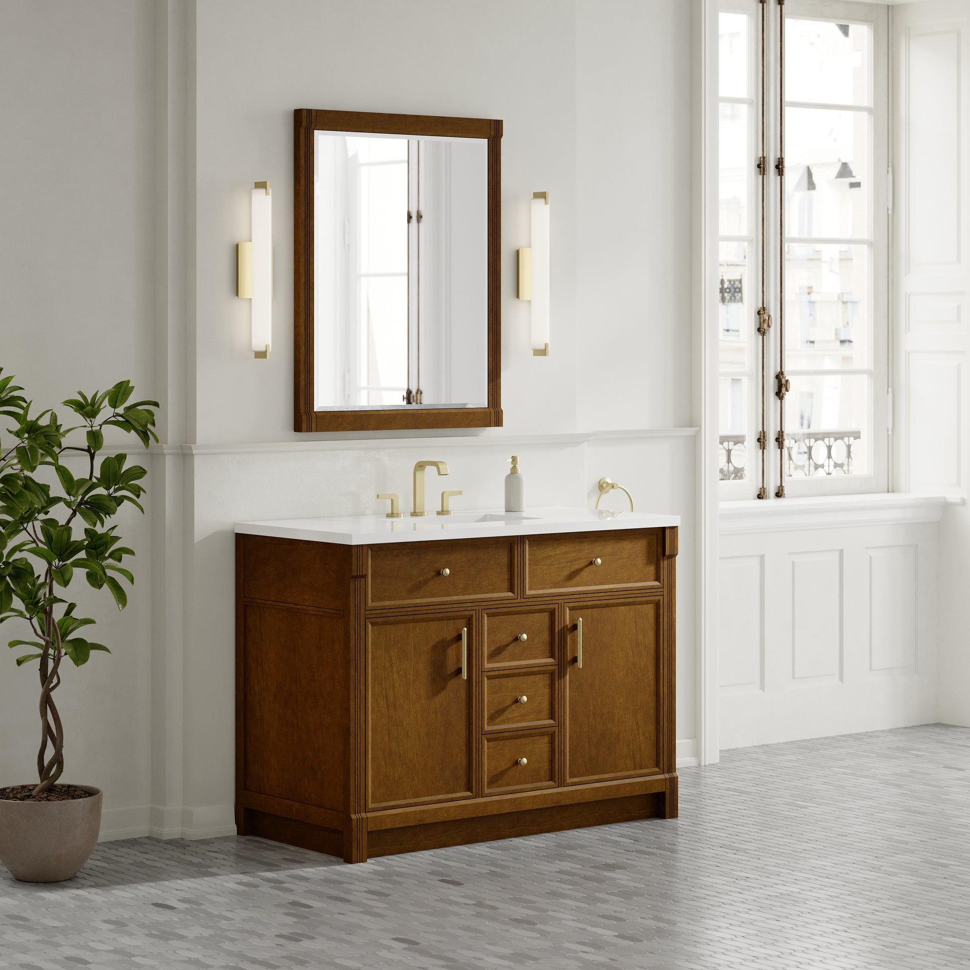 Renovate for Less Atlanta Bellshire 48" Single Vanity, Honey Oak w/ 3 CM White Zeus Silestone Top