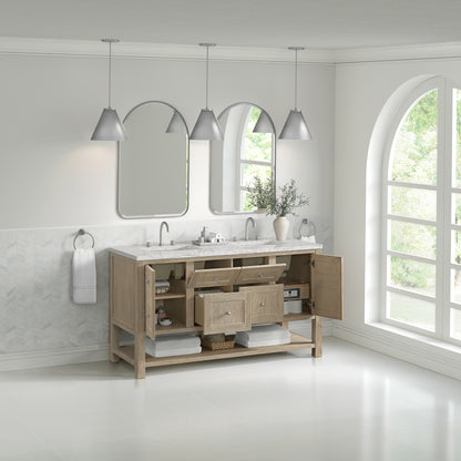 Renovate for Less Atlanta Breckenridge 60" Double Vanity, Whitewashed Oak, w/ 3 CM Eternal Jasmine Pearl Quartz Top