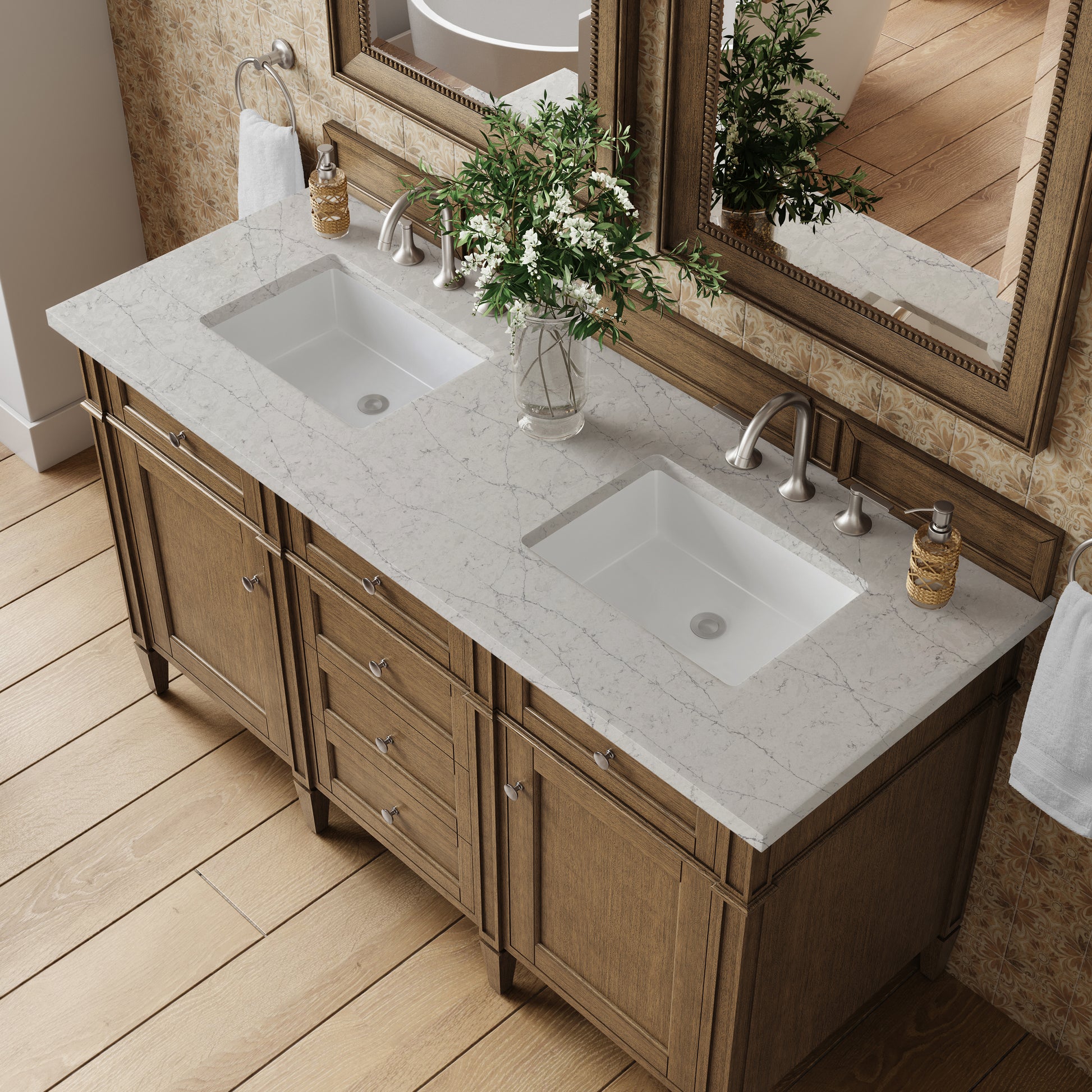 Renovate for Less Atlanta Brittany 60" Double Vanity, Saddle Brown w/ 3 CM Eternal Jasmine Pearl Silestone Top