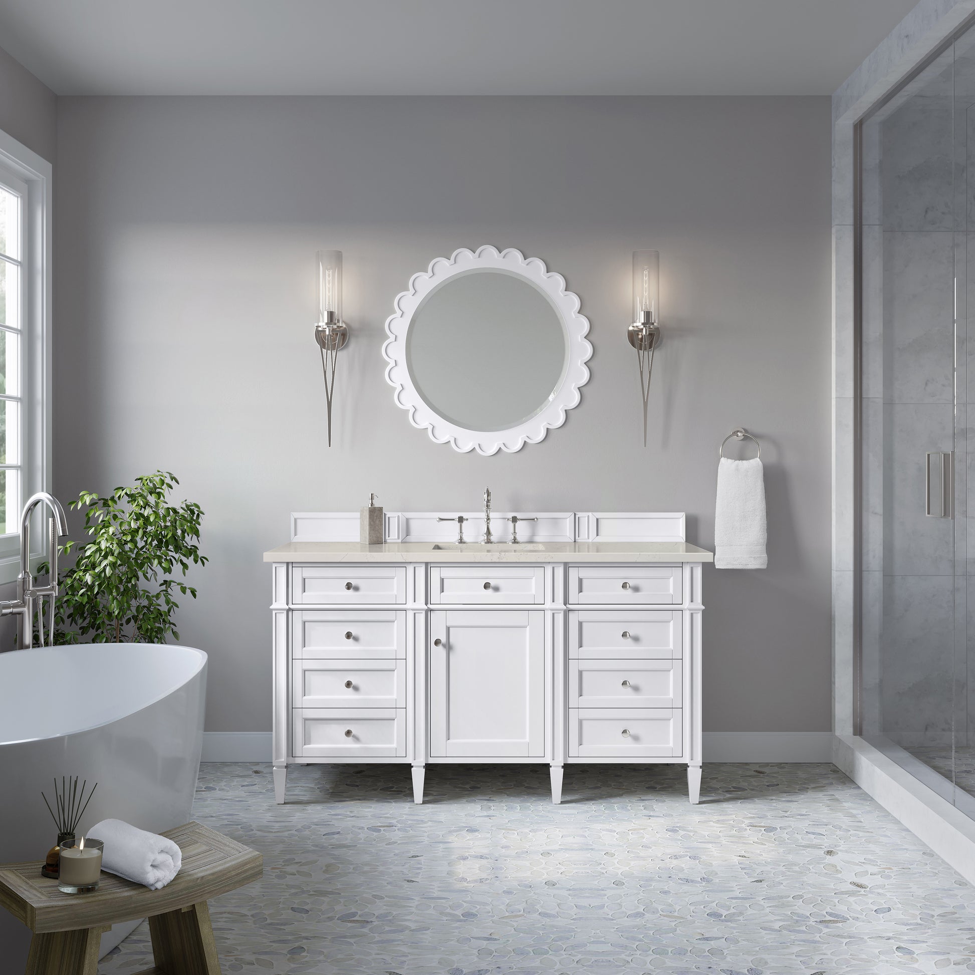 Renovate for Less Atlanta Brittany 60" Single Vanity in Bright White, w/ 3 CM Siberian Silestone Top w/FreePower Wireless Charger