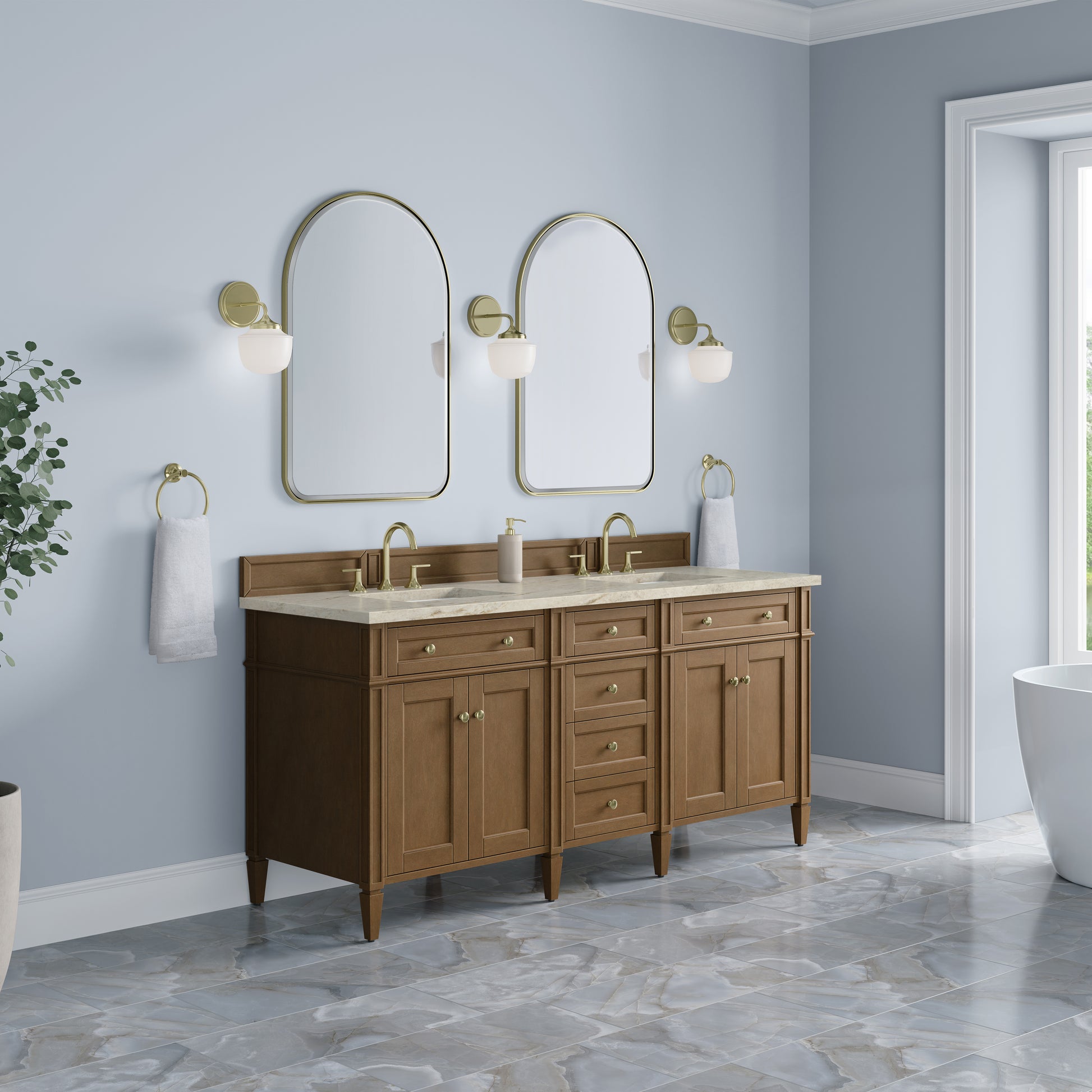 Renovate for Less Atlanta Brittany 72" Double Vanity, Pecan w/ 3 CM Tajnar Eclos Top w/FreePower Wireless Charger