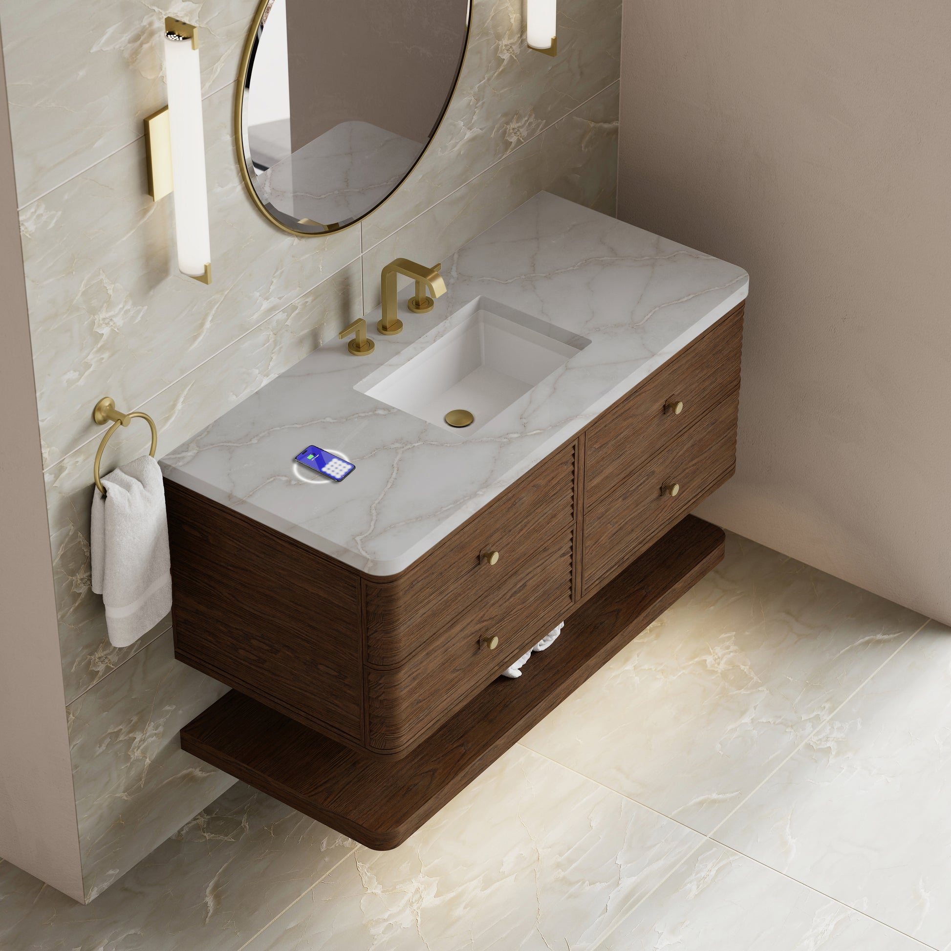 Renovate for Less Atlanta Allamari 48" Single Vanity, Sable w/ 3 CM Victorian Silver Top w/FreePower Wireless Charger