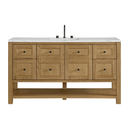 Renovate for Less Atlanta Breckenridge 60" Single Vanity, Light Natural Oak, w/ 3 CM Ethereal Noctis Silestone Top w/ FreePower Wireless Charger