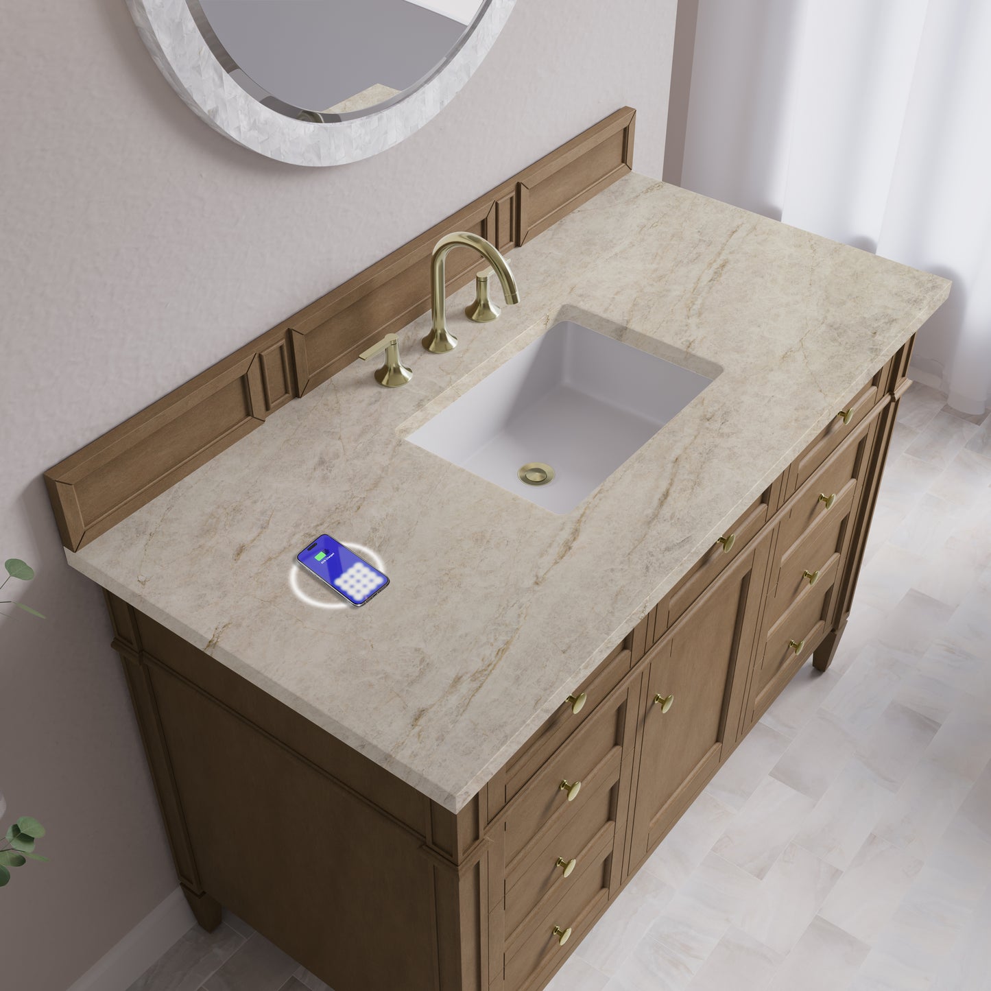 Renovate for Less Atlanta Brittany 48" Single Vanity, Pecan w/ 3 CM Tajnar Eclos Top w/FreePower Wireless Charger