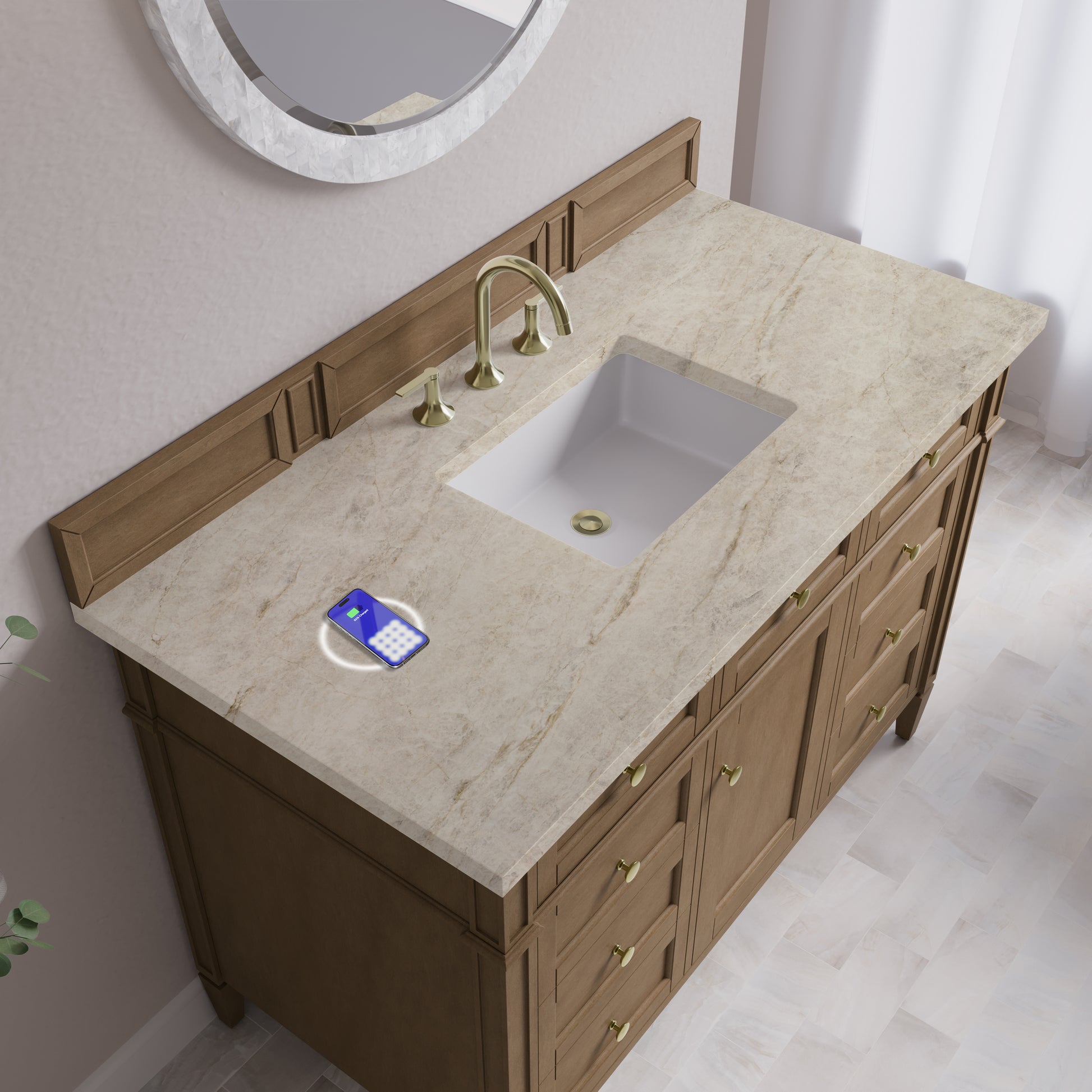 Renovate for Less Atlanta Brittany 48" Single Vanity, Pecan w/ 3 CM Tajnar Eclos Top w/FreePower Wireless Charger