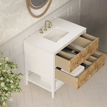 Renovate for Less Atlanta Olena 36" Single Vanity, Light Mappa Burl and Polished White w/ 3 CM White Zeus Silestone Top