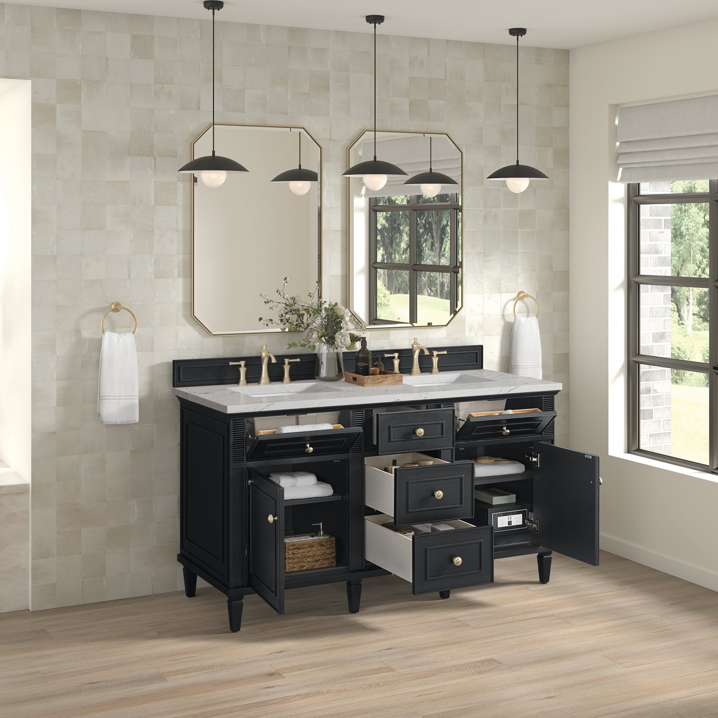 Renovate for Less Atlanta Lorelai 60" Double Vanity, Black Onyx w/ 3 CM Ethereal Noctis Silestone Top w/FreePower Wireless Charger