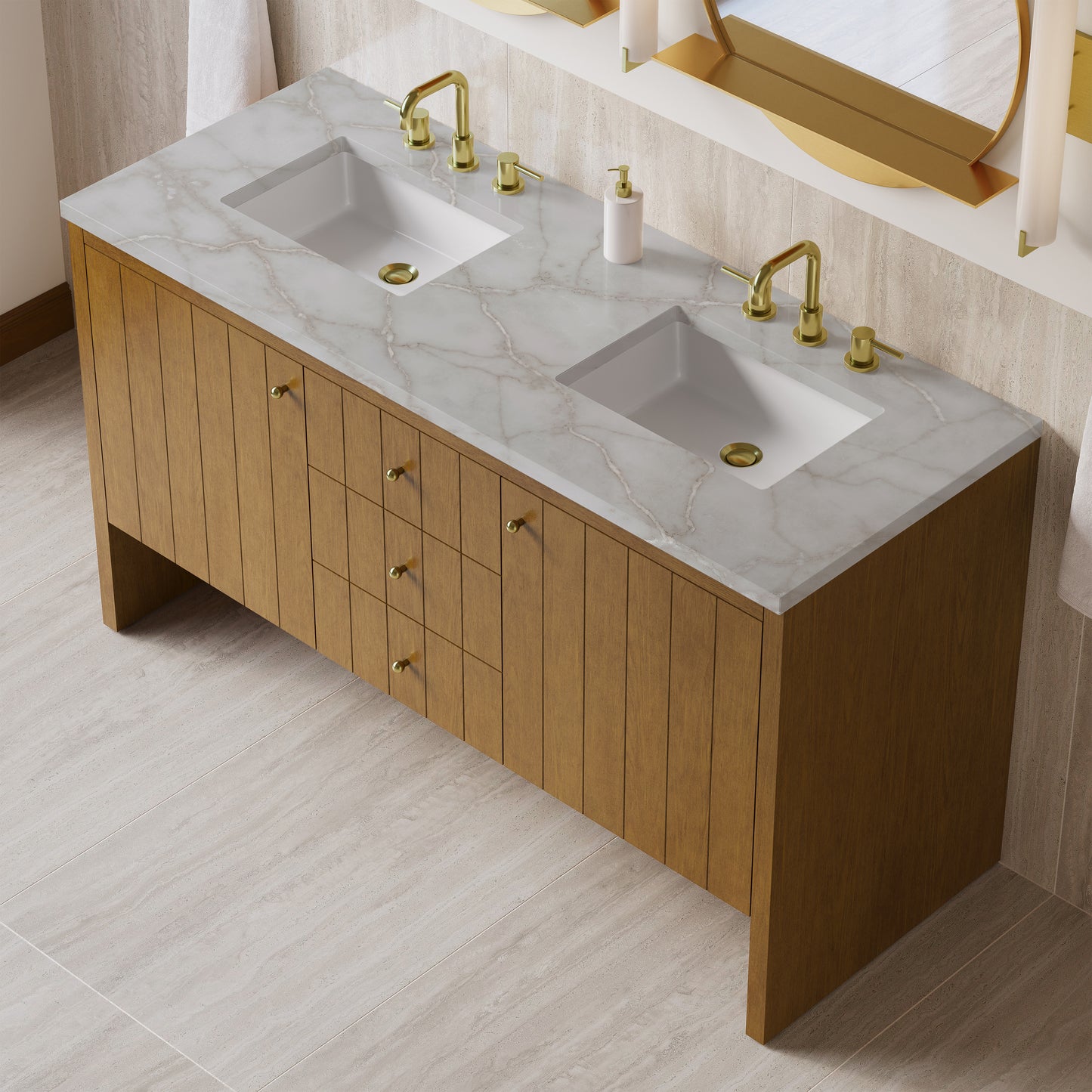 Renovate for Less Atlanta Hudson 60" Double Vanity, Honey Oak w/ 3 CM Victorian Silver Silestone Top