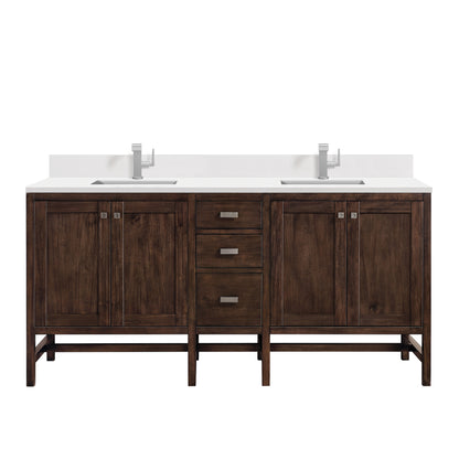 Renovate for Less Atlanta Addison 72" Double Vanity, Mid-Century Acacia w/ Single Hole 3 CM White Zeus Silestone Top & Backsplash