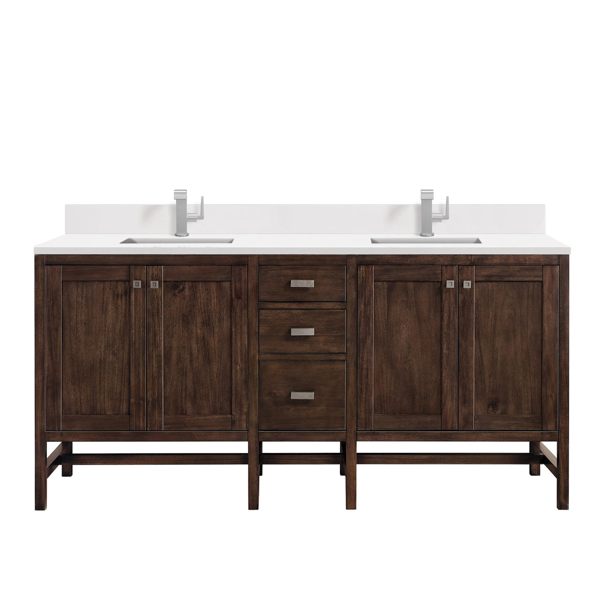 Addison 72" Double Vanity, Mid-Century Acacia w/ Single Hole 3 CM White Zeus Silestone Top & Backsplash