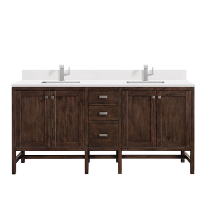 Addison 72" Double Vanity, Mid-Century Acacia w/ Single Hole 3 CM White Zeus Silestone Top & Backsplash