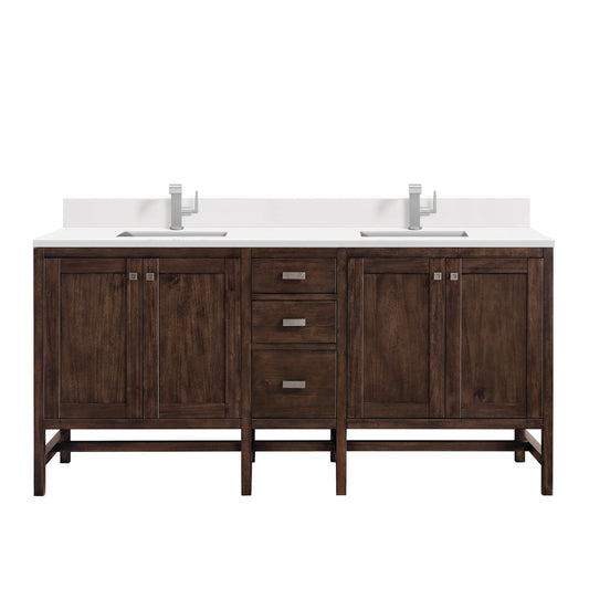 Addison 72" Double Vanity, Mid-Century Acacia w/ Single Hole 3 CM White Zeus Silestone Top & Backsplash
