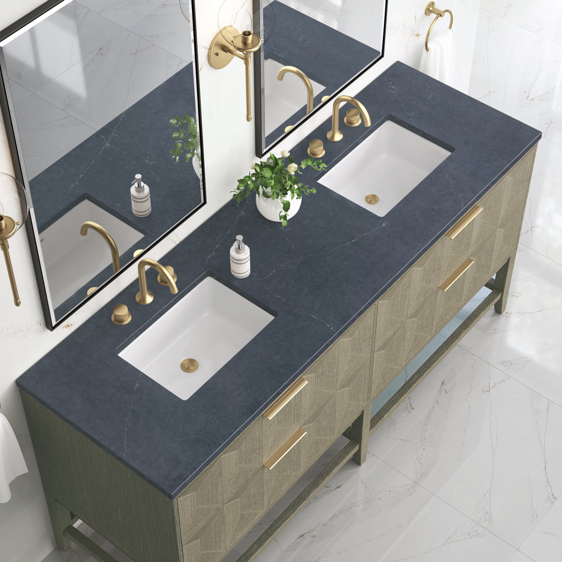 Renovate for Less Atlanta Emmeline 72" Double Vanity, Pebble Oak w/ 3 CM Charcoal Soapstone Top