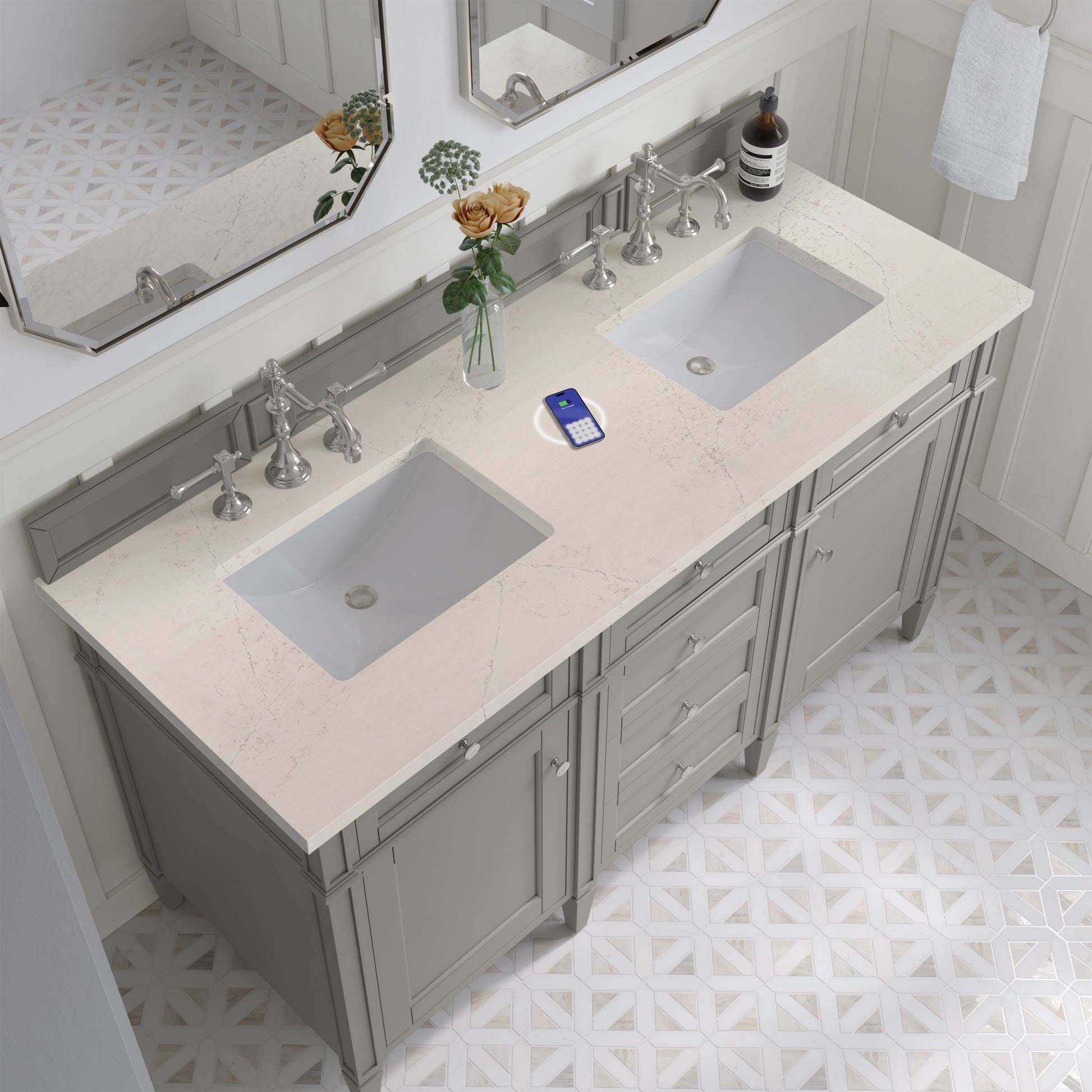 Renovate for Less Atlanta Brittany 60" Double Vanity, Urban Gray, w/ 3 CM Siberian Silestone Top w/FreePower Wireless Charger