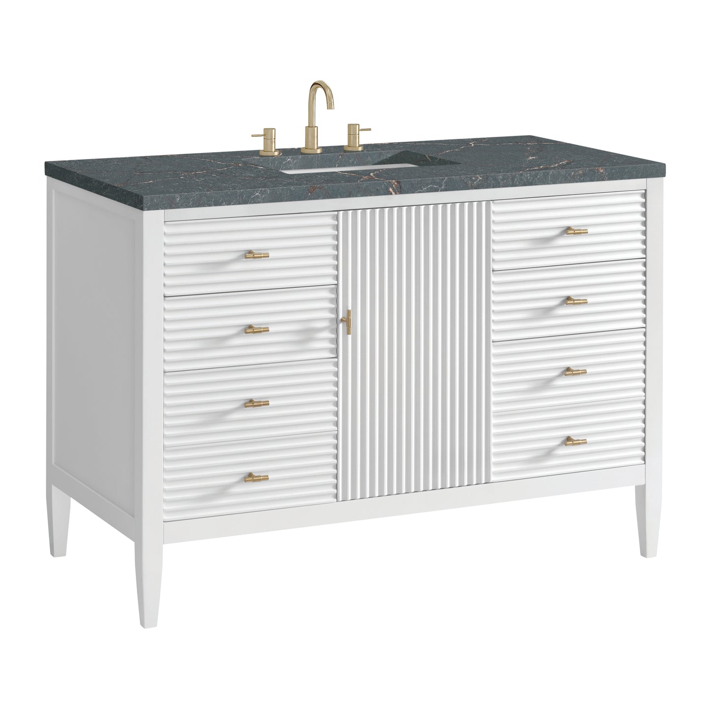 Renovate for Less Atlanta Myrrin 48" Single Vanity, Bright White w/ 3 CM Parisien Bleu Silestone Top w/FreePower Wireless Charger